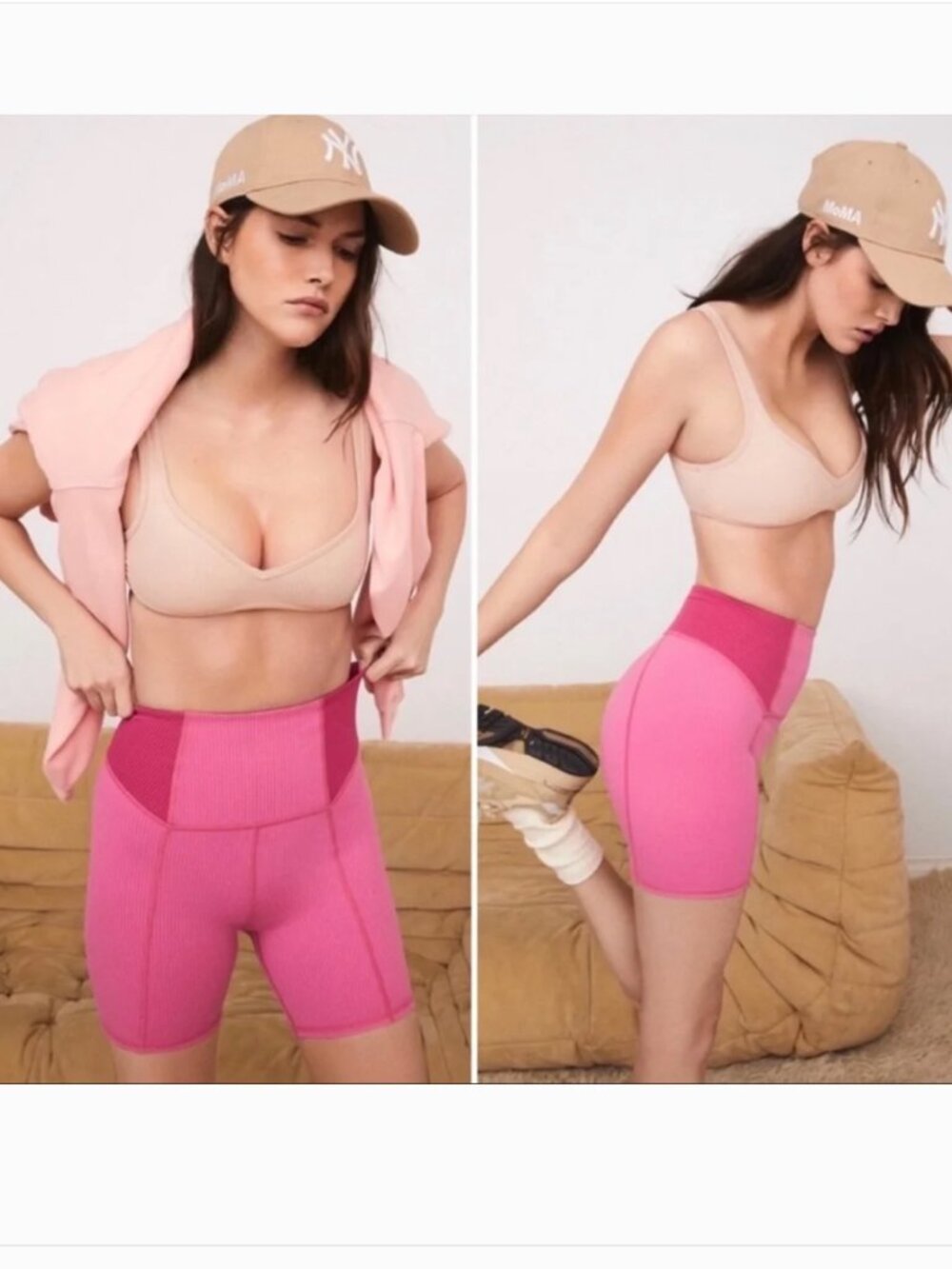 NWT For Love & Lemons Dani Ribbed Color Block Biker Shorts Pink Women's XS